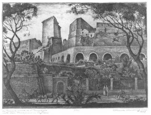 Anna Marongiu, La Torre e le mura di S. Pancrazio viste dal Terrapieno in Cagliari – Acquaforte,1932 